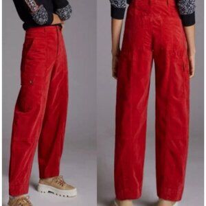 Anthropologie Red Corduroy Tapered Leg Cargo Pants Size 2 26599